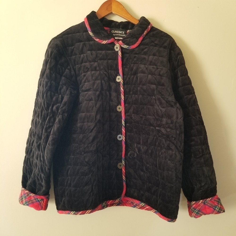 Vintage 90s Quilt Coat Plaid Cotton Lined Black Velvet Size Vintage XL - Picture 10 of 10